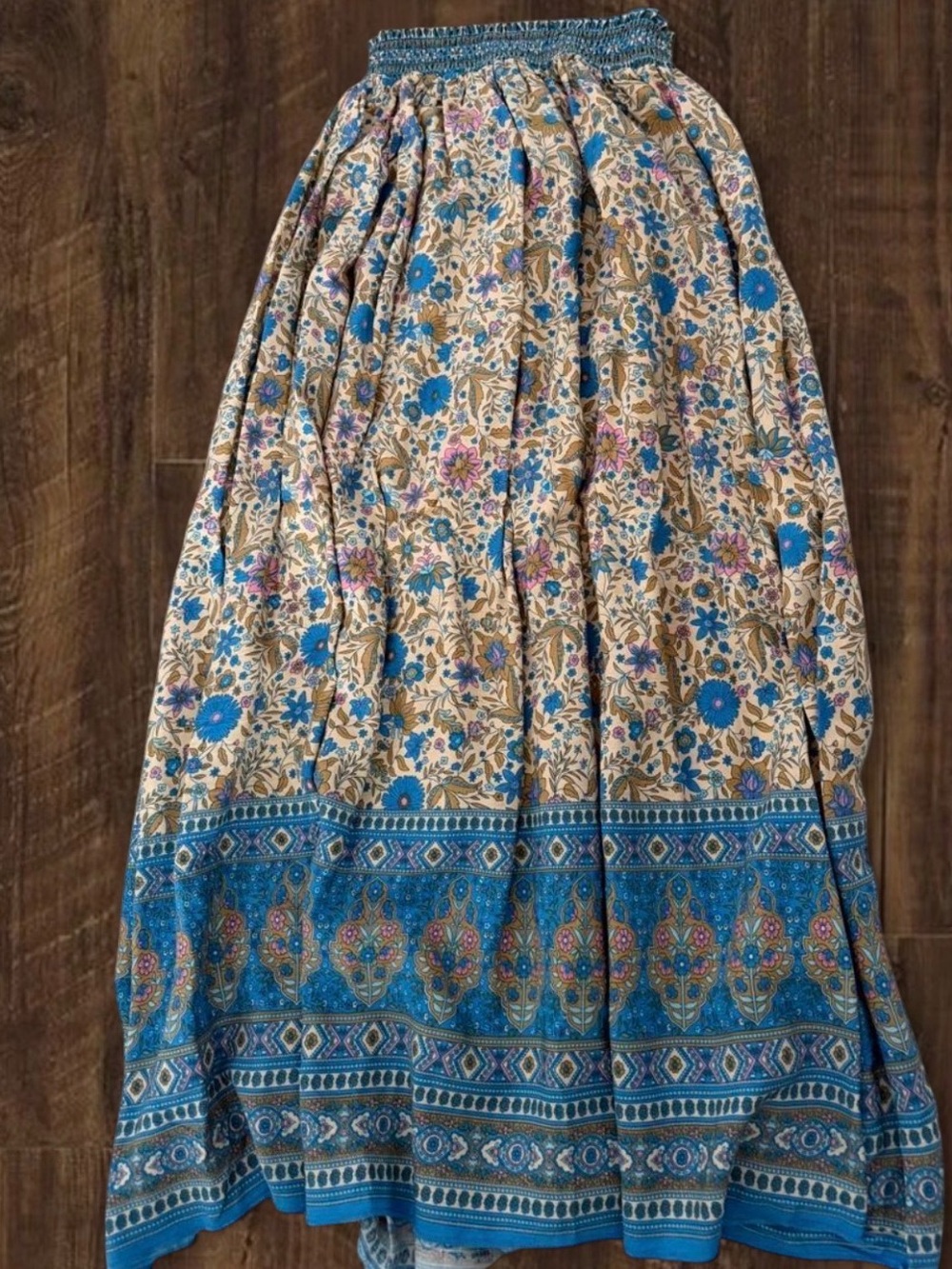 NATURAL LIFE Teal Blue, Tan & Pink Floral Boho Maxi Skirt